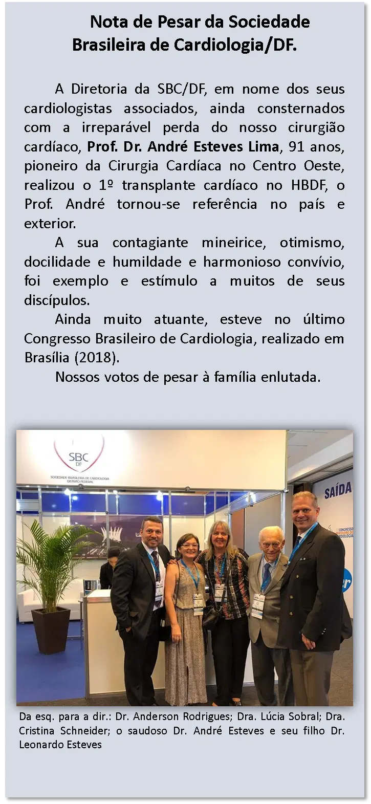 Nota de pesar da Sociedade Brasileira de Cardiologia/DF