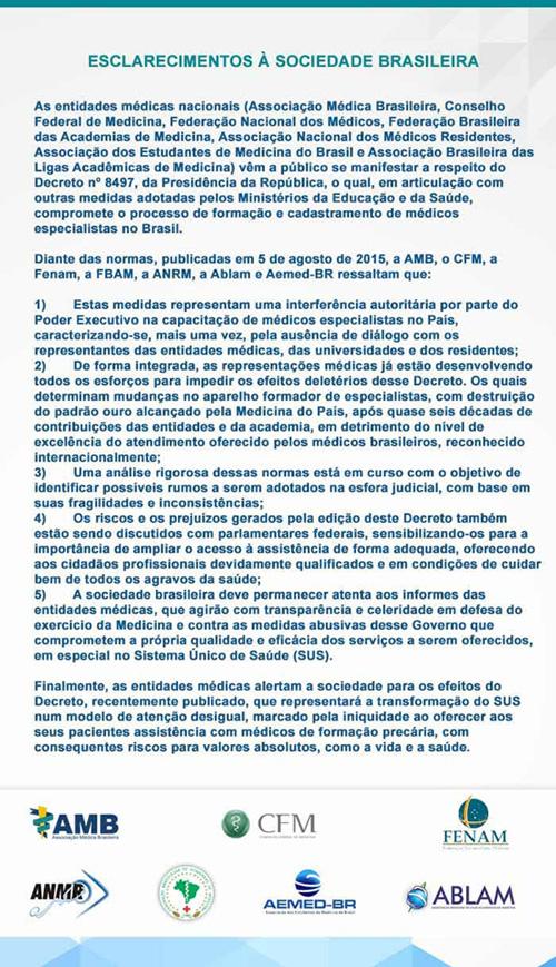 Comunicado das Entidades Médicas aos médicos brasileiros