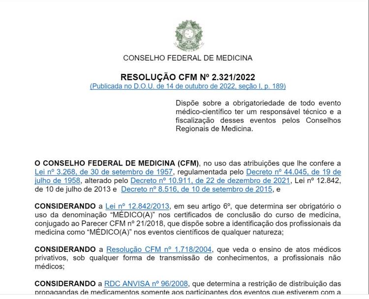 Resolução do Conselho Federal de Medicina (CFM), Nº 2.321/2022